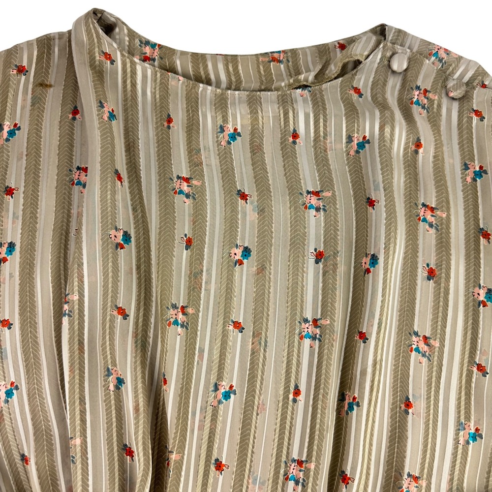 VTG 70s Jonathan Martin 80 S SHEER Beige Striped Floral Banded Crop Waist Blouse - Picture 3 of 12